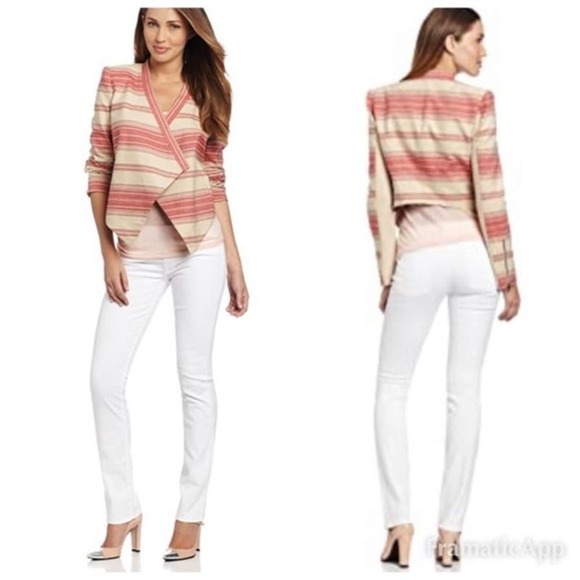 BCBGMaxazria Striped Abbey Blazer XS Asymmetrical Open Front 100% Cotton Tan Red - Picture 3 of 11